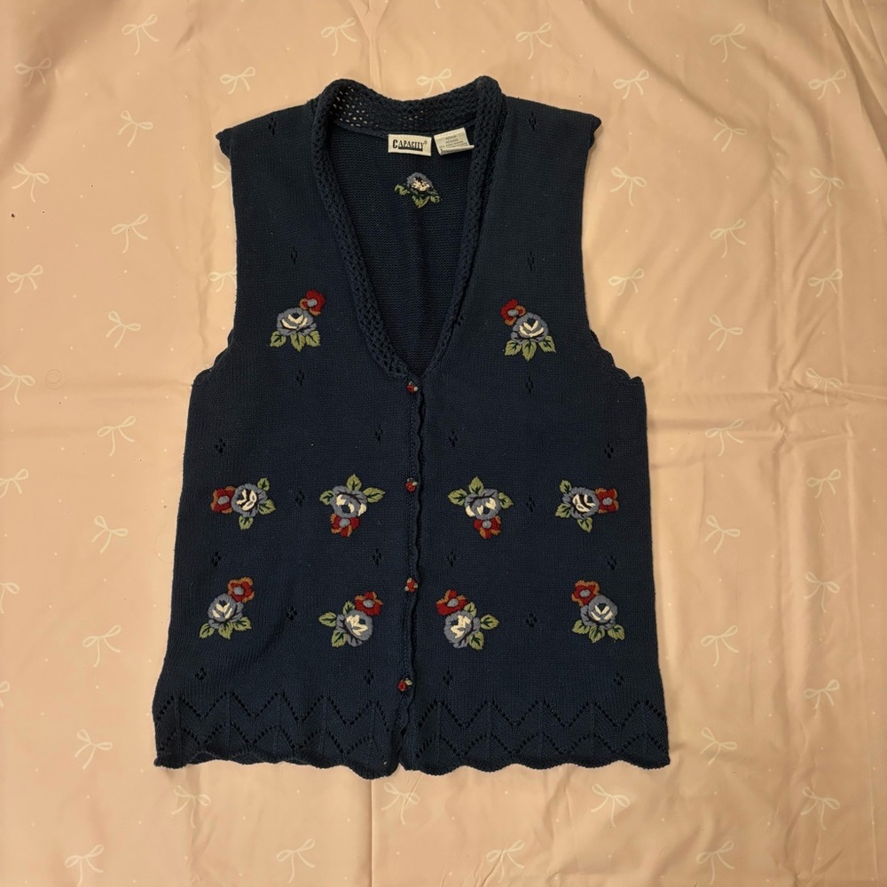 Vintage Capacity Navy Blue Floral Knit Cardigan Cover-Up Size Medium